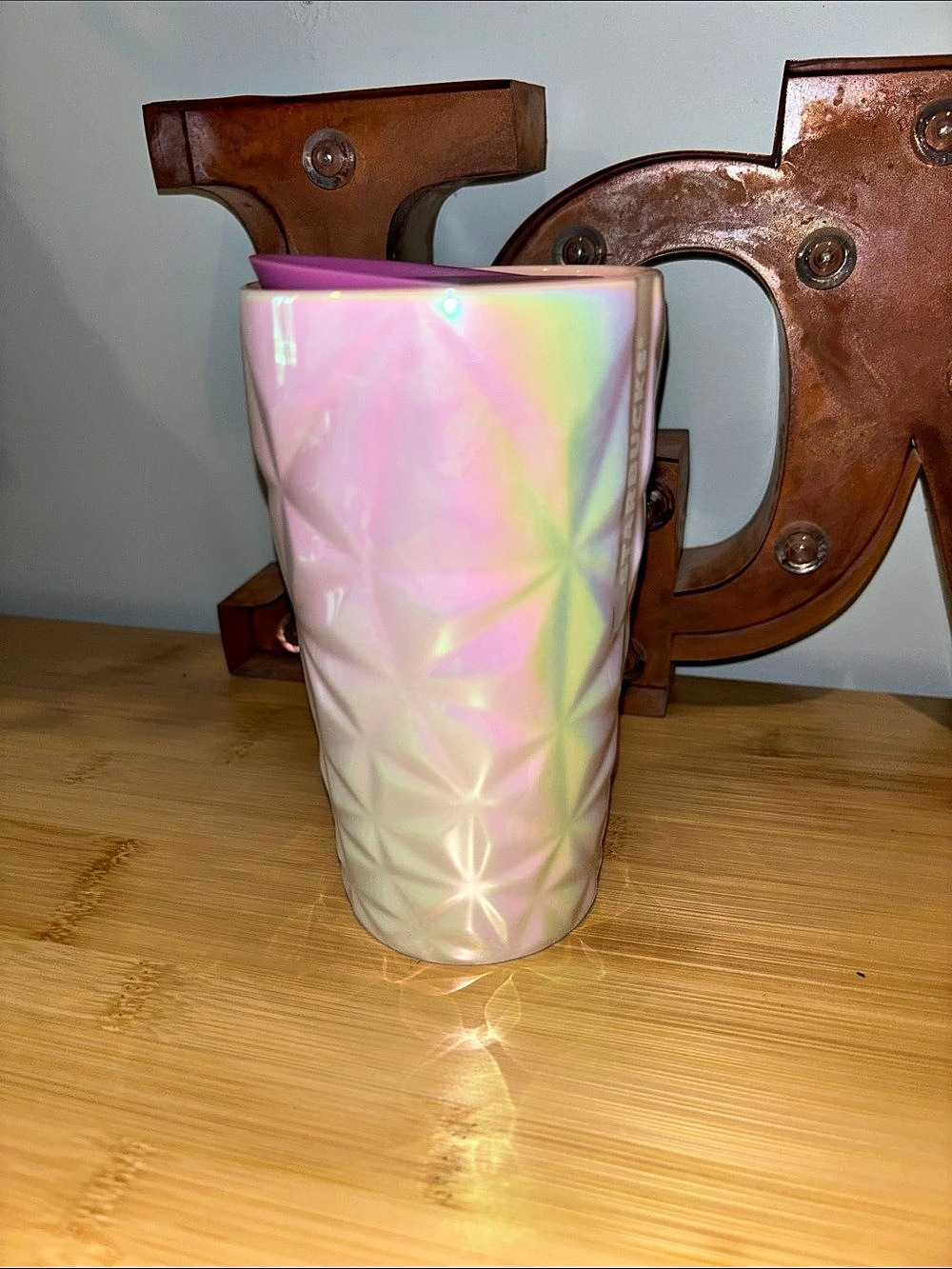 Starbucks Iridescent Geometric Ceramic Tumbler Pink & White 2023 Holiday